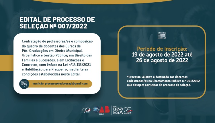 ESA Piauí lança edital para seleção de professores – novaESA | Escola  Superior de Advocacia